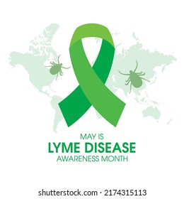 May is Lyme Disease Awareness Month vector. Green awareness ribbon and world map icon vector isolated on a white background. Tick silhouette icon. Important day