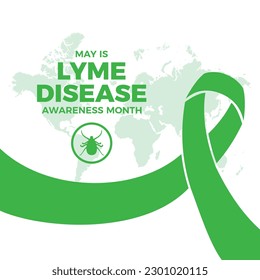 Mayo es la ilustración vectorial del Mes de Concienciación sobre la Enfermedad de Lyme. Cinta de conciencia verde y garrapata parasitaria de silueta arácnida vector de icono. Día importante