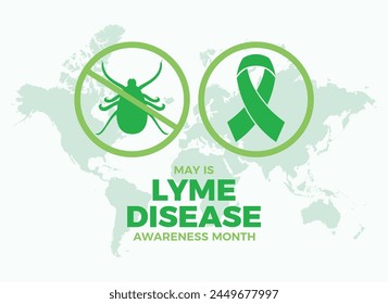 Mayo es la Ilustración vectorial de afiches del Mes de Concientización sobre la Enfermedad de Lyme. Cinta de conciencia verde y Vector de conjunto de iconos de silueta de arácnido parásito de garrapata. Plantilla de fondo, Anuncio, tarjeta. Día importante