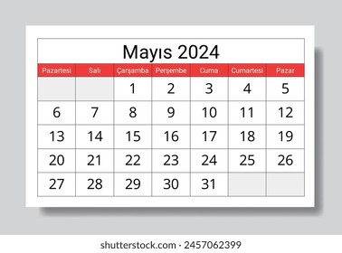 May March 2024 TURKISH calendar. Vector illustration. Monthly planning for your business in Turkey
