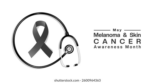 May is Melanoma And Skin Cancer Awareness Month. Ribbon and stethoscope. Great for posters, banners, social media and more. White background.