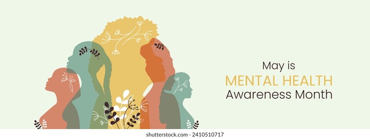 May is Mental Health Awareness month Banner. Horizontal design with people silhouette in flat style. Informing, reminding about importance of good state of mind. Psychological well-being presentation.