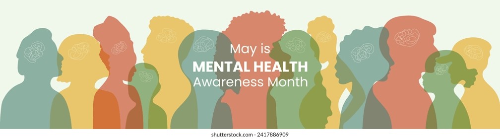 May is Mental Health Awareness month Banner. Horizontal design with man, women, children, old people silhouette in flat style. Informing about importance of good state of mind. Well-being presentation