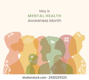 May is Mental Health Awareness month Banner. Informing, reminding about importance of good state of mind. Psychological well-being presentation. Minimalist design with people silhouette in flat style