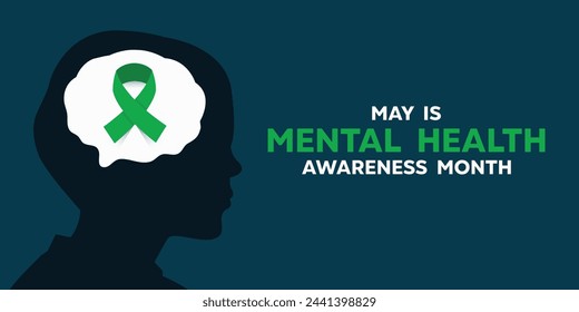 May is Mental Health Awareness Month. Men, ribbon and brain Great for cards, banners, posters, social media and more. Dark green background. 