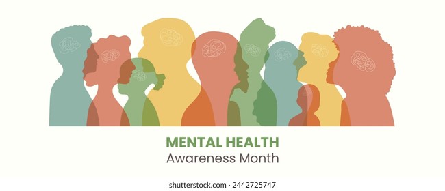 May is Mental Health Awareness Month banner with diversity people silhouette.