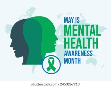 May is Mental Health Awareness Month poster vector illustration. Male face with different emotions silhouette icon. Sad and happy face in profile symbol. Template for background, banner, card