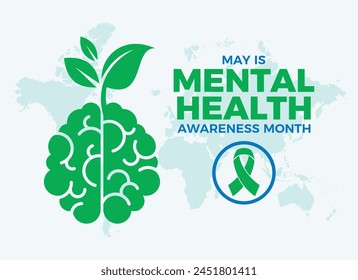 May is Mental Health Awareness Month poster vector illustration. Abstract human brain with green leaf icon. Brain with sprout symbol. Mental illness clip art. Template for background, banner, card