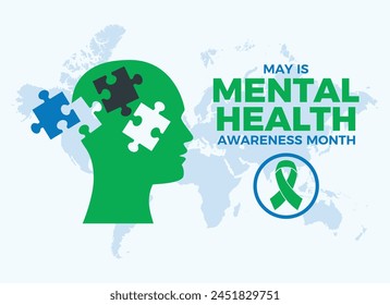 May is Mental Health Awareness Month poster vector illustration. Human head with jigsaw puzzle pieces icon vector. Mental illness symbol. Template for background, banner, card. Important day