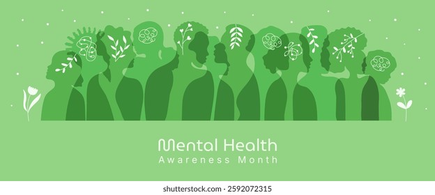 May is Mental Health Awareness Month banner template. Green colors silhouette of diversity people. Different nationalities, genders and ages human profile with brain flowers and leaves.