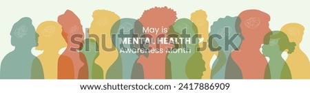 May is Mental Health Awareness month Banner. Horizontal design with man, women, children, old people silhouette in flat style. Informing about importance of good state of mind. Well-being presentation