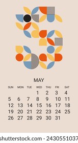 May month 2024 calendar template. Geometric planner design, desk calendar, wall calendar, minimal style. Simple vector illustration