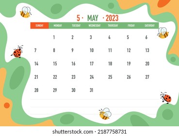 May month. Beekeeper calendar. Business calendar 2023. Week starts on Sunday. Horizontal calendar page for weekly planning, organizer. Planner template. Vector illustration. 