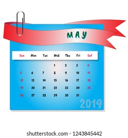 May month calendar 2019 vector with blue background and red ribbon with paper clip. Happy new year 2019
