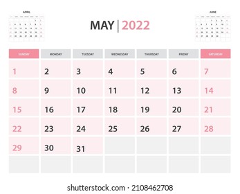 Mes de mayo, vector de plantilla de Calendario 2022 sobre fondo rosa, diseño de calendario de escritorio 2022, diseño de calendario de pared, inicio de semana el domingo, planificador
