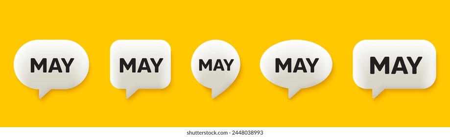 Icono del mes de mayo. Conjunto de burbujas de voz de chat 3d. Calendario de eventos Fecha de mayo. Planificador de citas de reuniones. Puede hablar de mensaje. Infografías de las tertulias. Vector