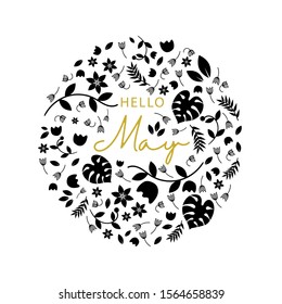 May month name. Lettering with branches and young leaves. Vector illustration.