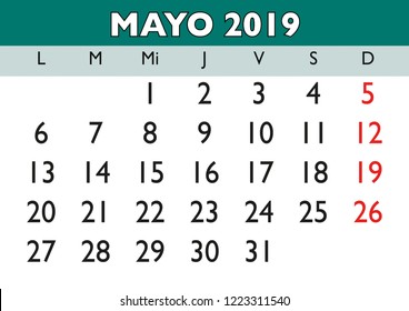 May month in a year 2019 wall calendar in spanish. Mayo 2019. Calendario 2019