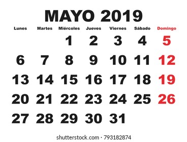 May month in a year 2019 wall calendar in spanish. Mayo 2019. Calendario 2019