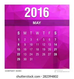 May Monthly Calendar 2016 vector design template. polygonal Purple background - abstract new year calendar template vector illustration