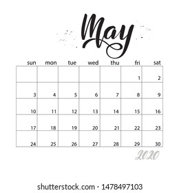 May. Monthly calendar for 2020 year. Handwritten modern calligraphy headlines. Elegant and stylish. Week starts on Sunday. Perfect for planners, calendars, organizers.