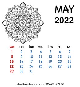 May monthly calendar in design with mandala for the year 2022. Calendar mandala coloring template with hand drawn mandala design.