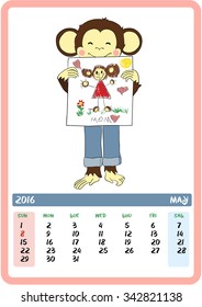 May. Mother's day. Monkey holds drawing of his mother. 
2016 Calendar with cute monkey (2016 symbol) - holidays all year round.