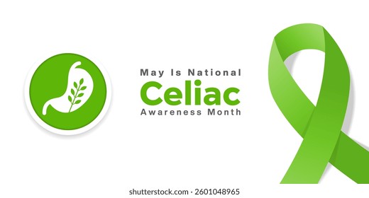 May is National Celiac Awareness Month. Stomach, wheat and ribbon. Great for posters, banners, social media and more. White background.