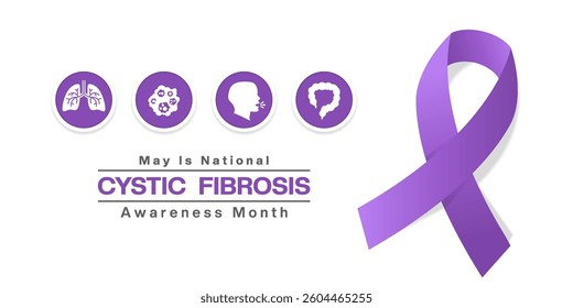 May is National Cystic Fibrosis Awareness Month. Lung, infection, cough, bowel and ribbon. Great for posters, banners, social media and more. White background.
