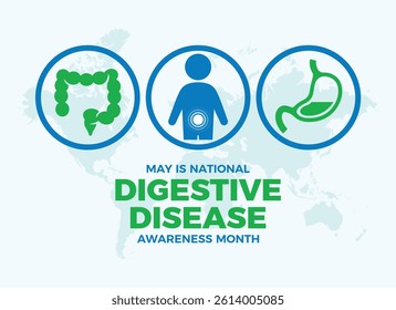 May is National Digestive Disease Awareness Month poster vector illustration. Stomach, intestine, digestive system icon set vector. Template for background, banner, card. Important day
