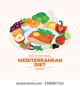 May is National Mediterranean Diet Month poster vector illustration. Fish, seafood, olive oil, fruits and vegetables vector. Pile of healthy fresh food drawing. Template for background, banner, card