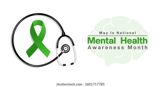 May Is National Mental Health Awareness Month. Stethoscope and ribbon. Great for posters, banners, social media and more. White background. 