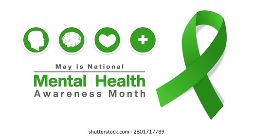 May Is National Mental Health Awareness Month. Human, brain, heart, plus icon and ribbon. Great for posters, banners, social media and more. White background. 