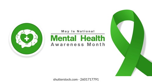 May Is National Mental Health Awareness Month. Brain, heart, plus icon and ribbon. Great for posters, banners, social media and more. White background. 