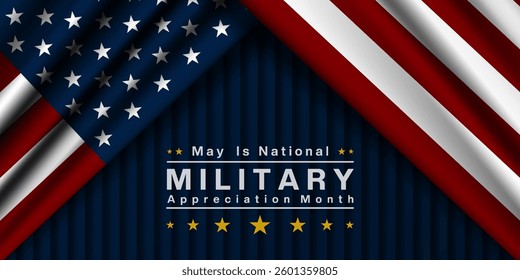 May is National Military Appreciation Month. Great for posters, banners, social media and more. Dark blue background. 
