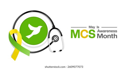 May is National Multiple Chemical Sensitivity Awareness Month. Bird, ribbon and stethoscope. Great for posters, banners, social media and more. White background.