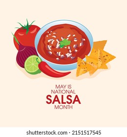 May Is National Salsa Month Vector. Fresh Red Salsa Sauce With Tomato, Onion And Chili Pepper Icon Vector. Mexican Food Salsa With Tortilla Chips Icon Vector