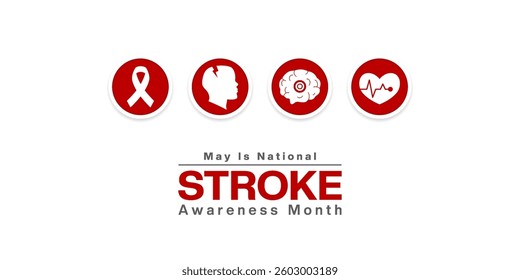 May Is National Stroke Awareness Month. Ribbon, human, brain and heartbeat. Great for posters, banners, social media and more. White background. 
