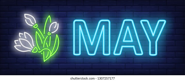 May neon text with snowdrops. Spring season design. Night bright neon sign, colorful billboard, light banner. Vector illustration in neon style.