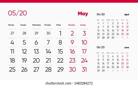 MAY PAGE. 12 Months Premium 2020 Calendar Design Grid Set. Table, Wall, Desk, Quarter Diary Calendar 2020 Year Design. Clean and Minimal Diary Planner Design Layout.