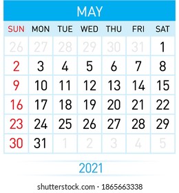 May Planner Calendar 2021. Illustration of Calendar in Simple and Clean Table Style for Template Design on White Background. Week Starts on Sunday