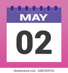 La segunda página de calendario de mayo muestra la fecha en el fondo de degradado rosa y muestra el día, enfatizando una fecha específica en un estilo moderno y colorido.