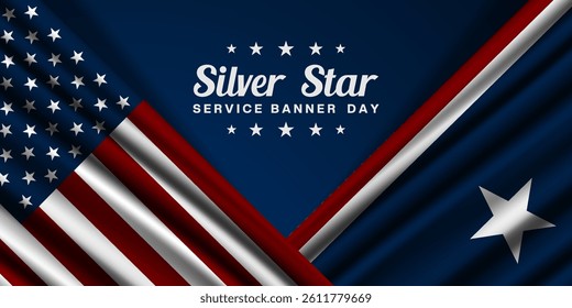 May is Silver Star Service Banner Day. American and Silver Star flag. Great for posters, banners, social media and more. Blue background.