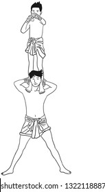 A May Thai kicks boxer showing an extreme action a kid standing on the shoulder.