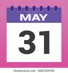 El calendario del 31 de mayo revela el mes y el día actuales. Se coloca sobre un fondo blanco con lados de color rosa claro degradado.