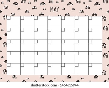 May. Universal Monthly Planner Template. Vector. Hand drawn doodle texture. Abstract shapes. Schedule for daily plans, impotant dates. Printable Organizer, calendar for study, school or work