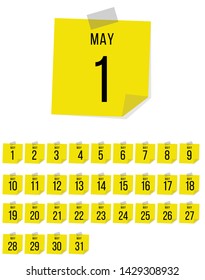 May. Vector flat daily calendar set. Icon. day month year. Yellow sticker