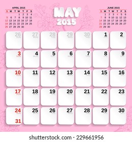 May. Vector Month Calendar 2015. Paper and long shadows style.  Handmade font used.
