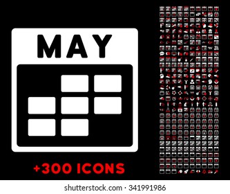 May vector pictogram with additional 300 date and time management icons. Style is bicolor flat symbols, red and white colors, rounded angles, black background.