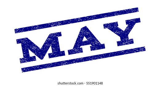 May watermark stamp. Text caption between parallel lines with grunge design style. Rubber seal stamp with dirty texture. Vector navy blue color ink imprint on a white background.